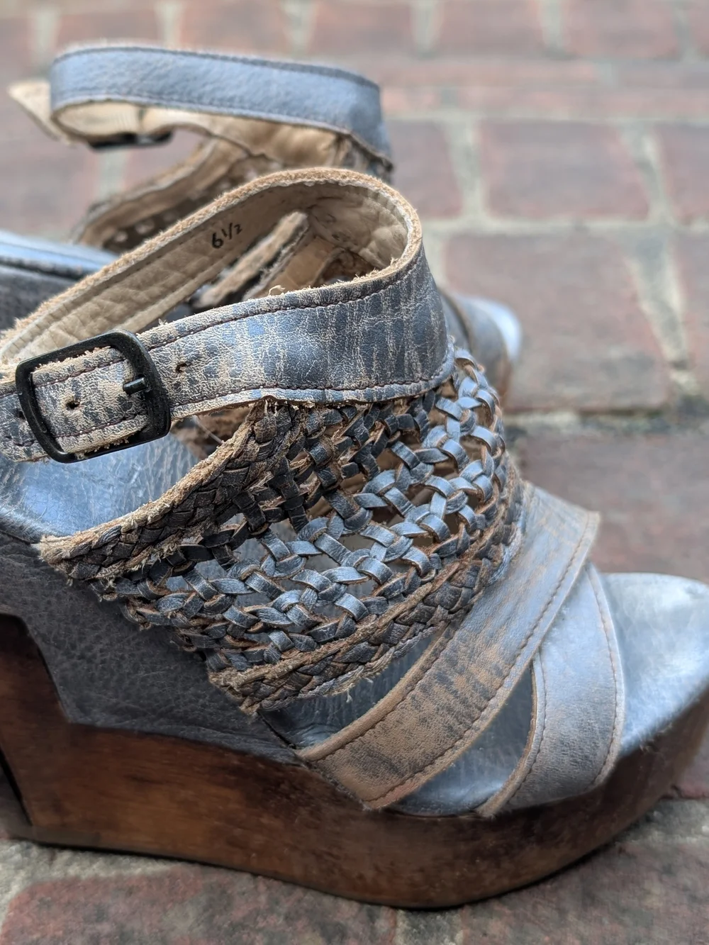 Bed Stu Distressed Blue-Gray Woven Leather Platform Wedge Sandals